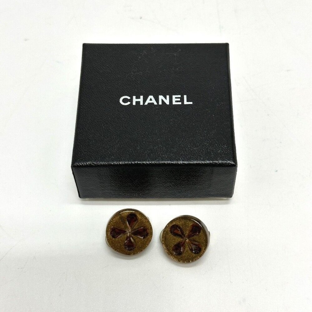 CHANEL Clover Earrings Plastic Gold